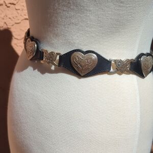 Tony Lama Black Leather Heart Link Belt with Silver Hearts